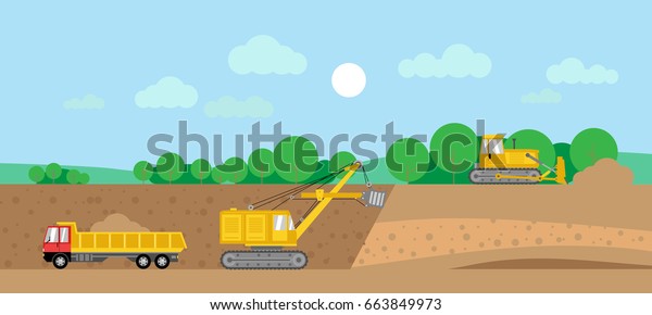 Vector illustration of\
mineral extraction process, isolated on  industrial landscape.\
Truck, bulldozer and excavator. Flat style. Good for advertisement,\
banners, posters.