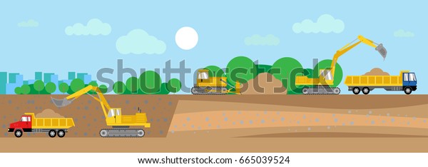 Vector illustration of\
mineral extraction process, isolated on  industrial landscape.\
Trucks, bulldozers and excavators. Flat style. Good for\
advertisement, banners,\
posters.