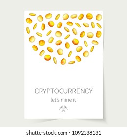 Vector illustration: miners slogan Let's mine it and flying golden coins with hand drawn watercolor texture in different positions in form of wreath isolated on white background. 