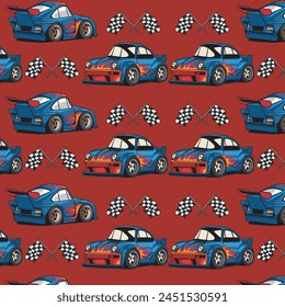 Vector Illustration of Mini Cars with Fire Motif and Flags with Vintage Illustration Available for Pattern