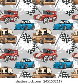 Vector Illustration of Mini Cars and Flags with Vintage Illustration Available for Pattern