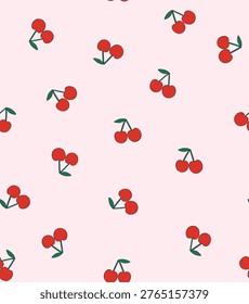 Vector illustration. Mini cherry seamless pattern, summer fruit seamless pattern	on light pink background illustrations 