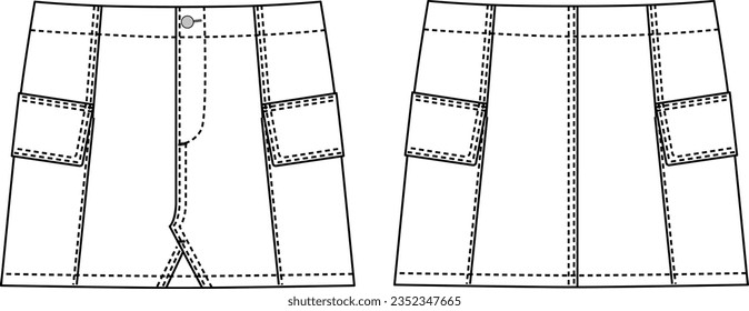 Vector illustration of mini denim skirt with flap pockets, skirt CAD