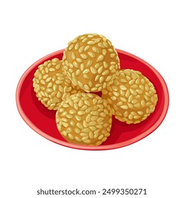 Vector illustration of mini Onde Onde, a bite-sized snack, made from glutinous rice flour with green bean and palm sugar filling, topped with sesame seeds.