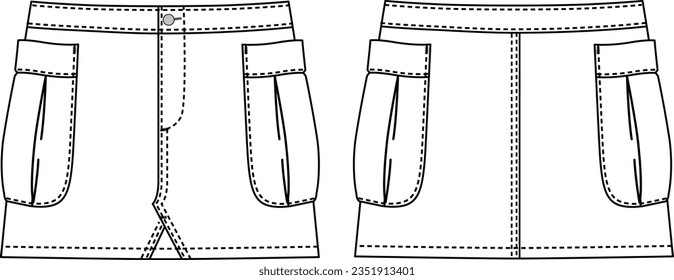 vector illustration of mini women's denim skirt with cargo pockets