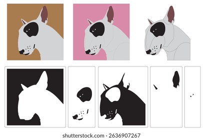 Vector illustration of a miniature Bull Terrier dog bust inside a square frame. The dog is depicted in a simplified, stylized form using black, white, and soft pink colors. Clean and modern flat style
