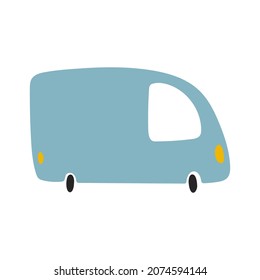 Vector illustration of minibus isolated on white background in cartoon hand drawn style. Childish transport icon for nursery, baby apparel, textile and product design, wallpaper, wrapping paper, card