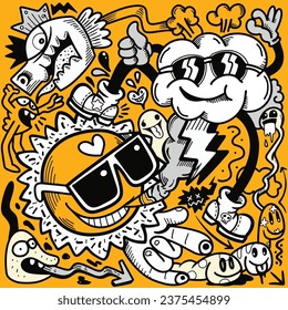 Vector illustration minimal color of Doodle cute Monster background ,Hand drawing Doodle