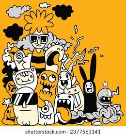 Vector illustration minimal color of Doodle cute Monster background ,Hand drawing Doodle