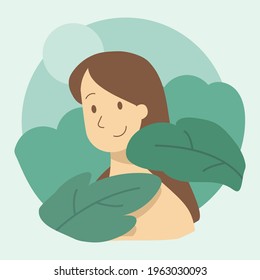 Vector illustration in minimal flat style. A  Beautiful woman and leaves. Feminine illustration concept.