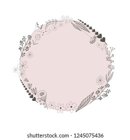 Vector illustration. Minimal floral round frame in pastel color. Icons set of plants and flowers. It can be used for invitations, weddings, greeting cards.