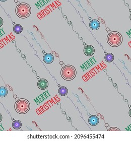 Vector illustration minimal hand drawn unique childlike seamless pattern. Christmas modern abstract background with decoration balls isolated on gray background.