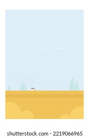 Vektorgrafik minimale Landschaft des Sommers in Japan Landhaus auf dem Lande mit elektrischen Linie und gelben Feld.Konzept der minimalen Landschaft.