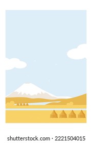 Ilustración vectorial paisaje mínimo de verano en casa de campo de Japón con MT Fuji y campo de arroz amarillo con pajar.Concepto de paisaje mínimo.