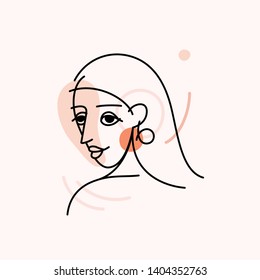 Vector illustration in minimal linear style - minimalistic female portrait - abstract modern t-shirt print  - beauty and fashion concept