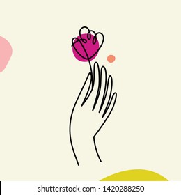 Vector illustration in minimal linear style - hand with flower - abstract modern t-shirt print  - beauty and fashion concept