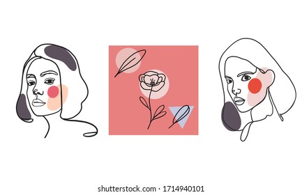 Vector illustration in minimal linear style - minimalistic modern art - female portrait and flowers - abstract t-shirt print - beauty and fashion concept
