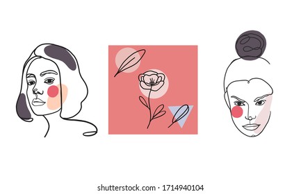 Ilustración vectorial en un estilo lineal mínimo - arte moderno minimalista - retrato femenino y flores - impresión abstracta en pantalones - concepto de belleza y moda
