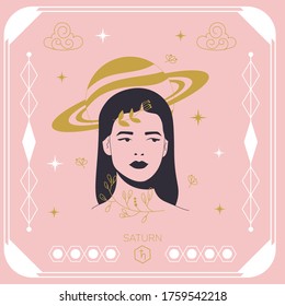 Vector illustration in minimal linear style. Female portrait with planet Saturn.