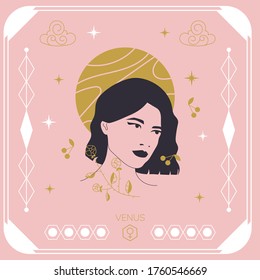 Vector illustration in minimal linear style. Female portrait with planet Venus.