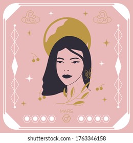Vector illustration in minimal linear style. Female portrait with planet Mars.