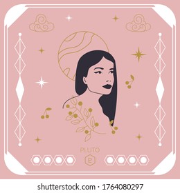 Vector illustration in minimal linear style. Female portrait with planet Pluto.