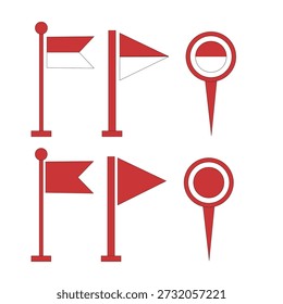 Ilustração vetorial de marcadores de localização mínimos e bases de sinalização em estilo plano vermelho e branco. Adequado para navegação, mapeamento, infográfico, wayfinding e elementos de design personalizáveis.
