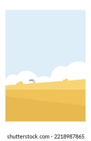 Vector illustration of minimal punchy summer landscape, a hut in the mountain valley with blue sky.Concept of minimal clean landscape