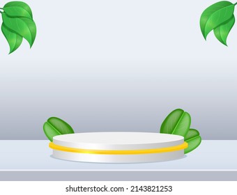 Vector illustration of minimal scene stage with podium on white background with green leaves for presentation, design, mock up