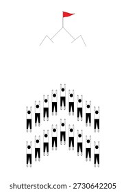 Vector illustration of a minimal simple line art human figure in flying pose with a mountain and a red flag.