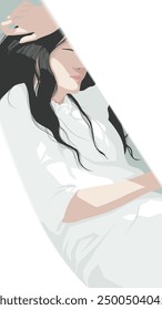 A vector illustration in a minimal style of the camera peering through the gap between the curtains and seeing a young woman in a white casual dress sleeping.