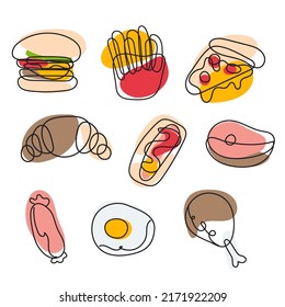 vector illustration Minimal style fast food, burgers, pizza. Isolated background.