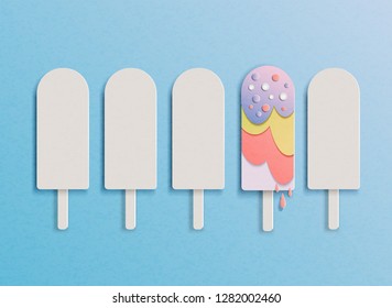 Vector illustration in minimal style ice creams in a row. One ice cream is different. Concept of difference from others. In the style of cut paper.