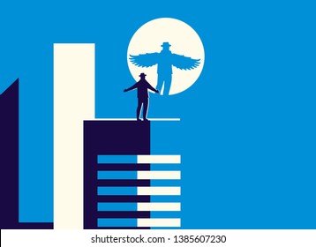 Vector illustration in minimal style of a man standing by the light of the moon on the roof of the building. The reflection of this man or angel with wings on the moon.
