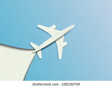 Vector illustration in minimal style of a plane flying in the sky. In the style of cut paper.