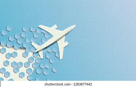 Vector illustration in minimal style of a plane flying in the sky. In the style of cut paper.