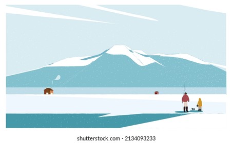 Vector illustration of minimal winter background.Winter activities in iced lake or sea.People enjoy fishing in winter with fishing cabin and dog . 