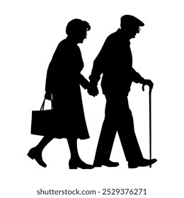 Vector illustration. Minimalism. Silhouette couple man and woman. Pensioners. Old men. An elderly couple.	
