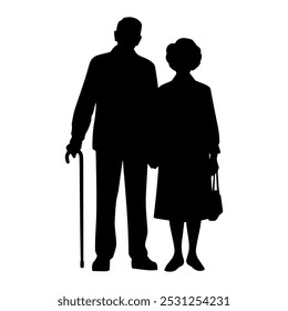 Vector illustration. Minimalism. Silhouette couple man and woman. Pensioners. Old men. An elderly couple.	
