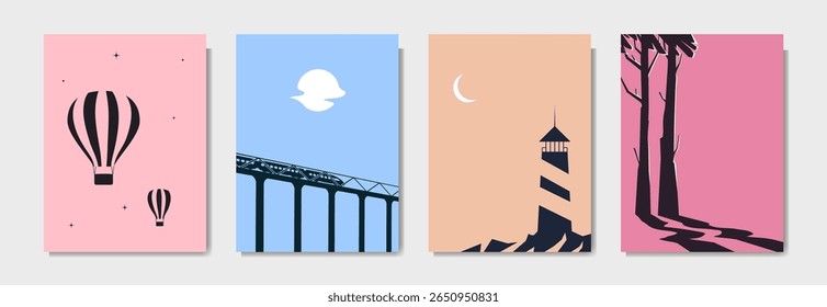 Vector illustration. Minimalist aesthetic backgrounds set. Hot air balloons, train on the bridge, lighthouse evening scene, trees. Design elements for poster, layout, book or magazine cover, postcard 