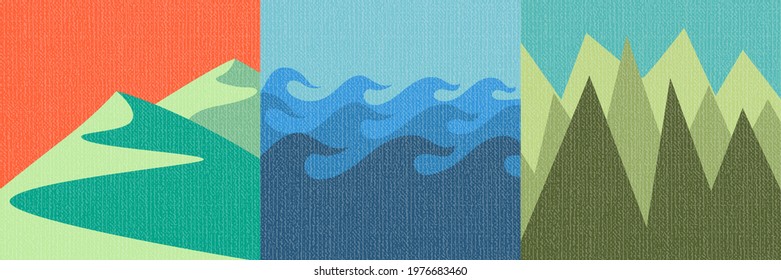 Vector illustration. Minimalist background collection. Flat style landscape. Textile overlay. Nature scene. Design for social media template, square banner. Mountain peak, sea wave, forest trees
