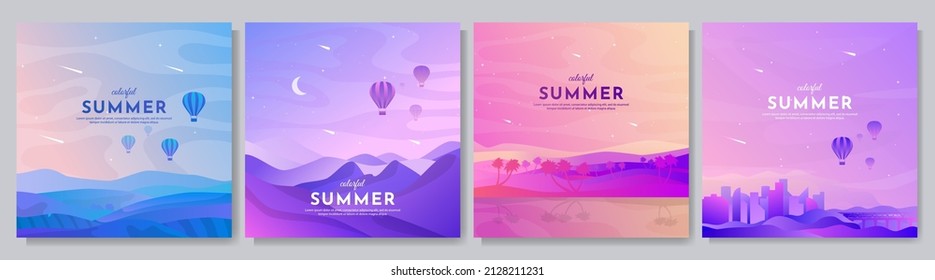Vector illustration  Minimalist backgrounds collection  Gradient futuristic color  Design social media template  web banner  Nature colorful sunset scene  cityscape  mountains  Flat cartoon style