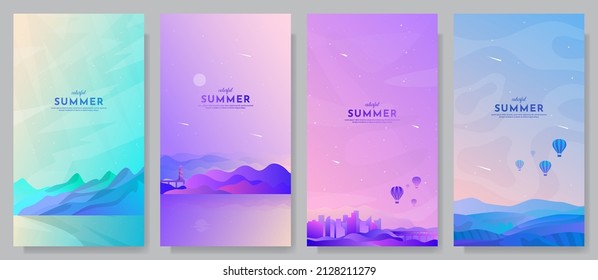 Vector illustration. Minimalist backgrounds collection. Gradient futuristic color. Design for flyer, booklet, coupon, voucher, wallpapers. Nature colorful sunset scene, cityscape. Flat cartoon style