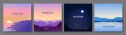 Vector Illustration. Minimalist Backgrounds. Flat Concept. 4 Landscapes Collection. Mountain View, Forest Trees, Night Scene, Water And Rocks. Design For Banner, Blog Post, Social Media Template
