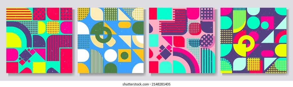 Vector illustration. Minimalist banner collection. Flat geometric shape pattern. Circle, square, triangle. Acidic vibrant color. Retro vintage graphic. Design for web banner, social media template