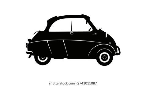 Vector illustration: a minimalist black silhouette of a classic, vintage microcar in side profile. Iconic small automobile design isolated on a clean white background.