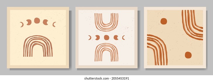 Ilustración vectorial. Diseño de boho minimalista. Arte de época 50, retro gráfico 60. Arco arco iris dibujado a mano. Grunge textura. Fases lunares. Elementos de diseño para plantilla de medios sociales, banner web, post de blog