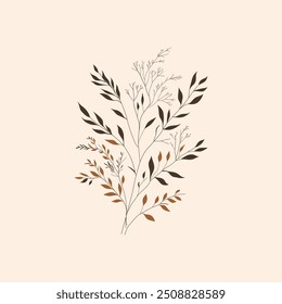Vector illustration of a minimalist botanical branch with autumnal leaves in earthy tones on a beige background. Ideal for nature-themed designs, seasonal decor, and elegant projects.