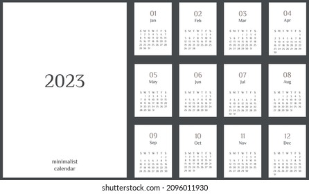 Vector illustration. Minimalist calendar 2023 template. Week Starts on Sunday. Calendar on white background