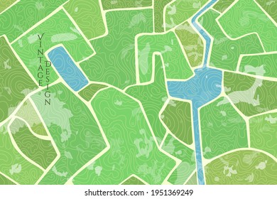 Vector illustration. Minimalist cartoon backdrop. Environment. Aerial view. Fields and river on map. Linear pattern. Design element for web banner, wallpaper, background, poster. Vintage style.